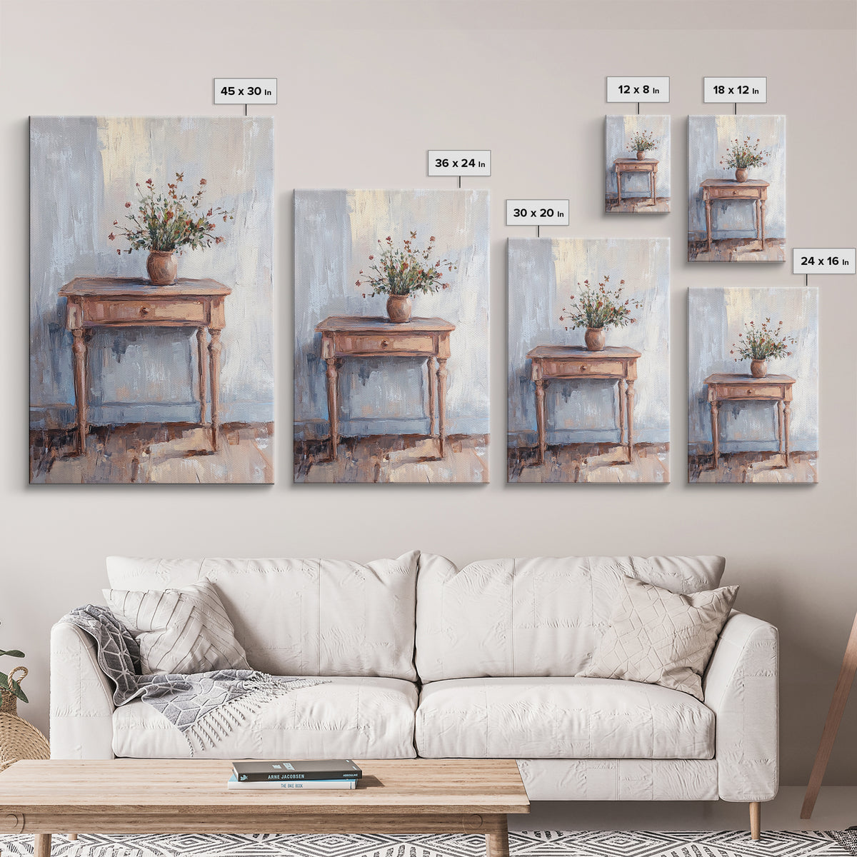 Rustic Console Table With Wildflower Vase Wall Art, Neutral Farmhouse Canvas Print, Entryway Living Room Wall Decor, Home Decor
