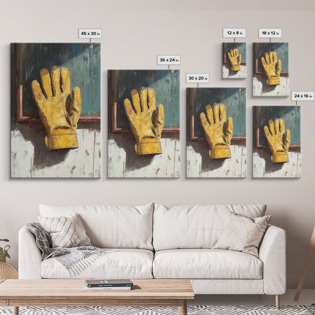 Yellow Work Glove On Rustic Chalkboard Wall Art, Industrial Garage Canvas Print, Tool Room Man Cave Wall Decor, Gift For Him