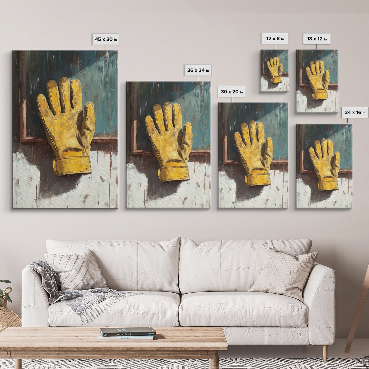 Yellow Work Glove On Rustic Chalkboard Wall Art, Industrial Garage Canvas Print, Tool Room Man Cave Wall Decor, Gift For Him