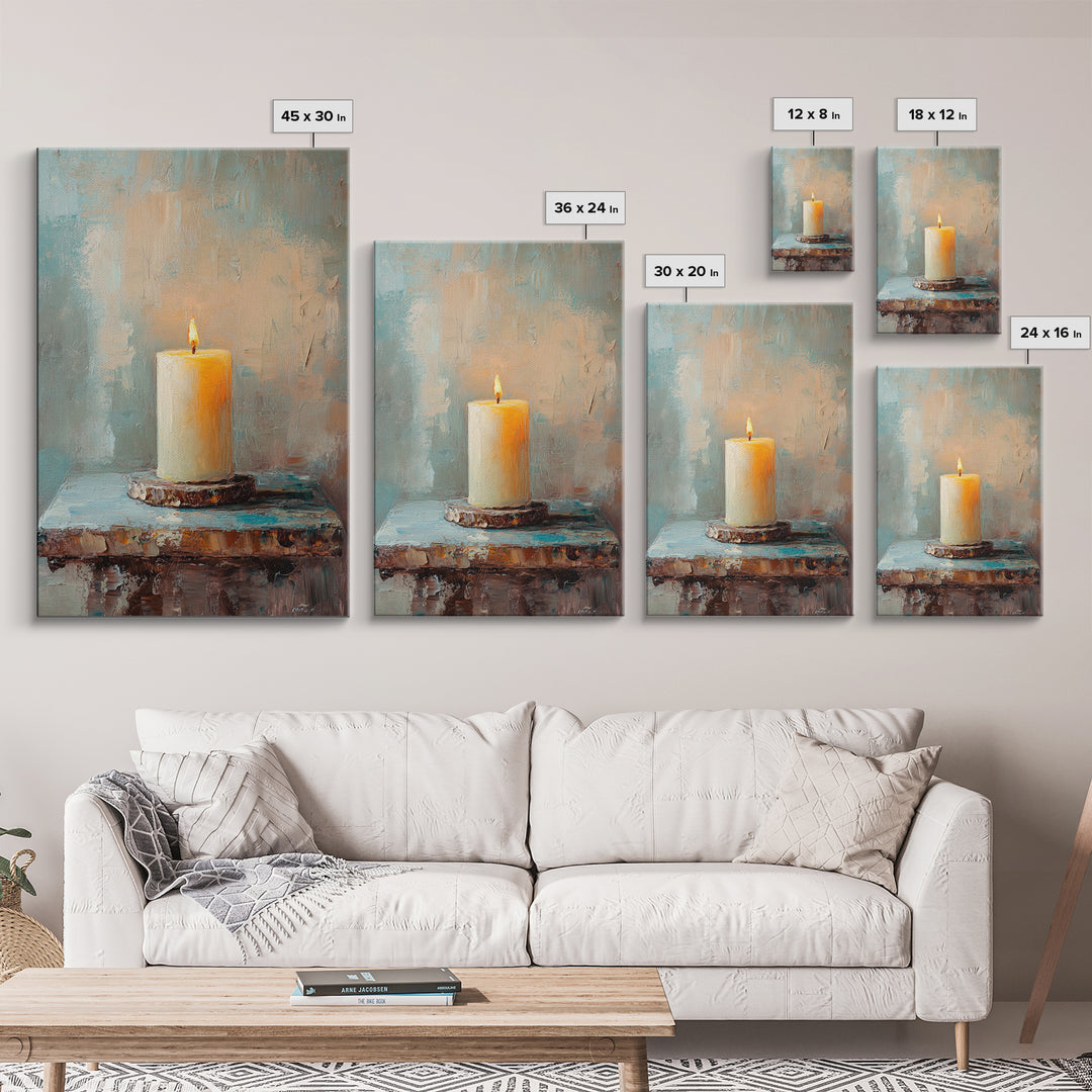 Glowing Ivory Candle On Rustic Table Canvas Print, Calming Still Life Wall Art For Spa Decor, Meditation Room, Cozy Home