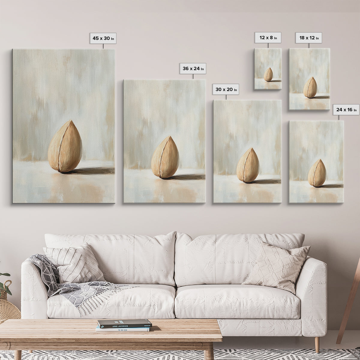 Single Almond Shell Minimalist Canvas Print, Neutral Still Life Wall Art For Kitchen, Japandi Decor, Organic Modern Home
