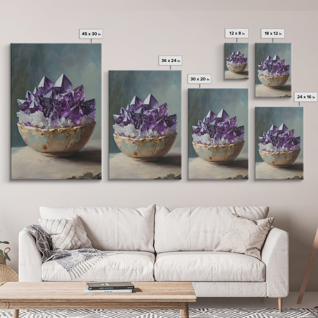 Purple Amethyst Crystals In Rustic Bowl Canvas Print, Crystal Wall Art, Spiritual Decor, Boho Home Decor, Gift For Her, Living Room Decor