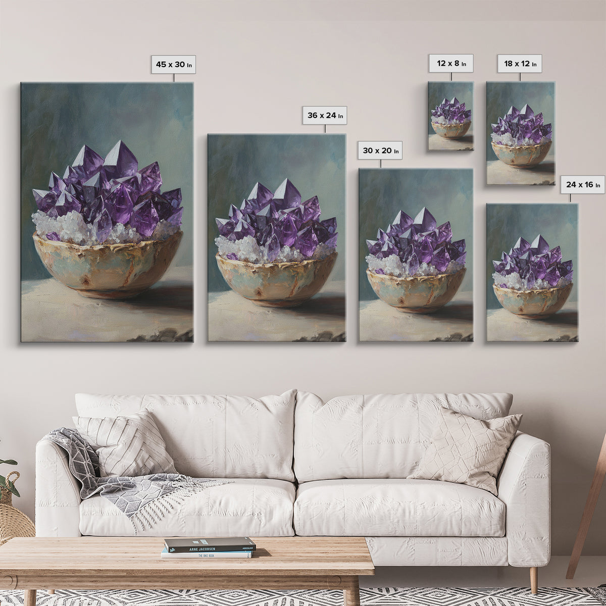 Purple Amethyst Crystals In Rustic Bowl Canvas Print, Crystal Wall Art, Spiritual Decor, Boho Home Decor, Gift For Her, Living Room Decor