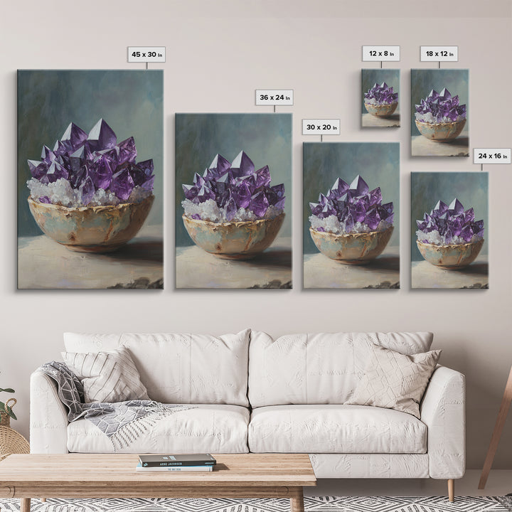 Purple Amethyst Crystals In Rustic Bowl Canvas Print, Crystal Wall Art, Spiritual Decor, Boho Home Decor, Gift For Her, Living Room Decor