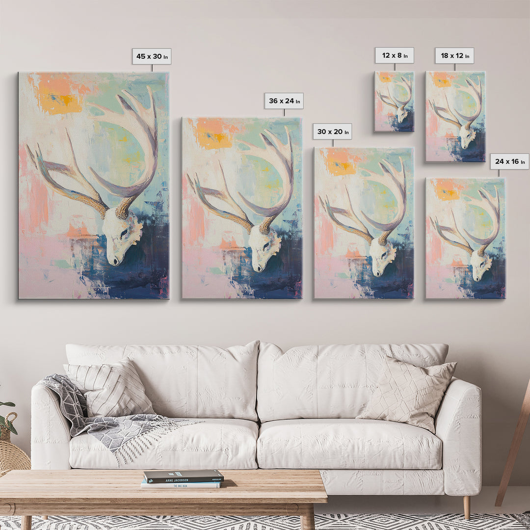 White Deer Skull With Antlers On Pastel Abstract Canvas Print, Western Wall Art, Boho Wall Decor, Rustic Cabin Home Decor