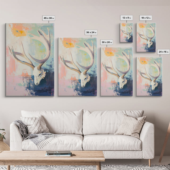 White Deer Skull With Antlers On Pastel Abstract Canvas Print, Western Wall Art, Boho Wall Decor, Rustic Cabin Home Decor