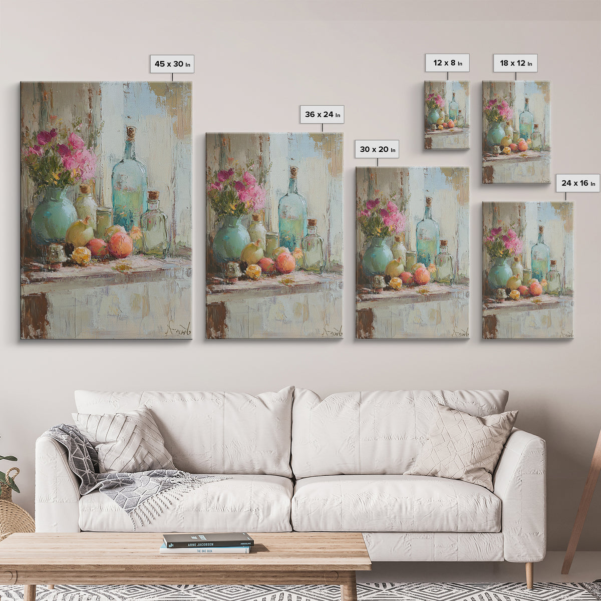 Flowers Bottles And Fruit Framed Canvas Print, Impressionist Still Life Wall Art, Kitchen Decor, Dining Room Prints, Home Decor