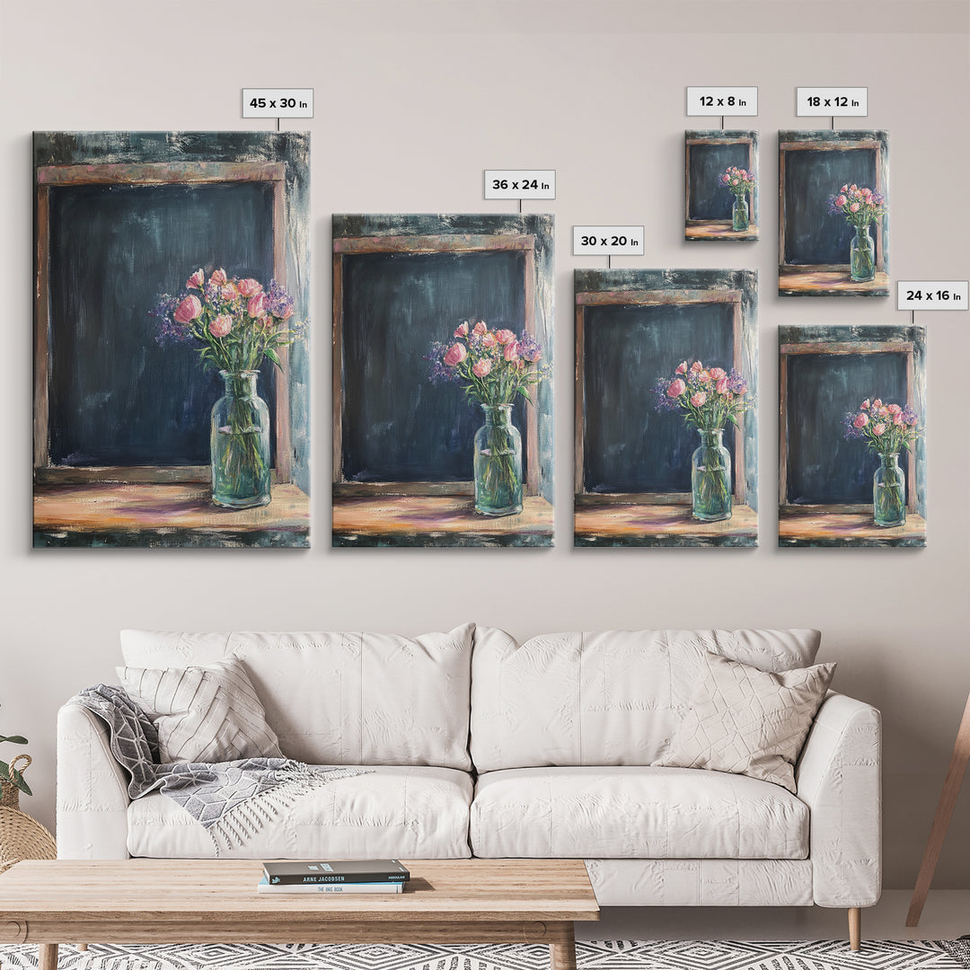 Chalkboard With Pink Flowers Wall Art, Rustic Kitchen Decor, Farmhouse Canvas Print, Floral Still Life, Dining Room Print