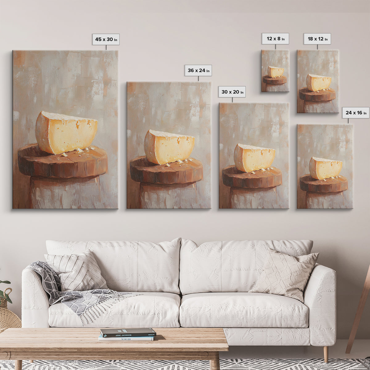 Cheese Wedge On Rustic Stool Canvas Print, Minimalist Kitchen Wall Art, Food Still Life, Farmhouse Decor, Gift For Foodie
