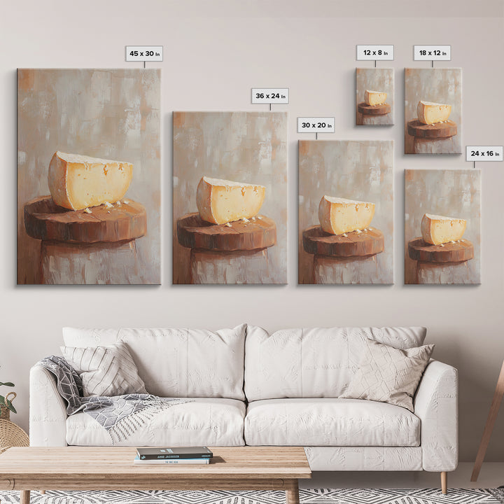 Cheese Wedge On Rustic Stool Canvas Print, Minimalist Kitchen Wall Art, Food Still Life, Farmhouse Decor, Gift For Foodie