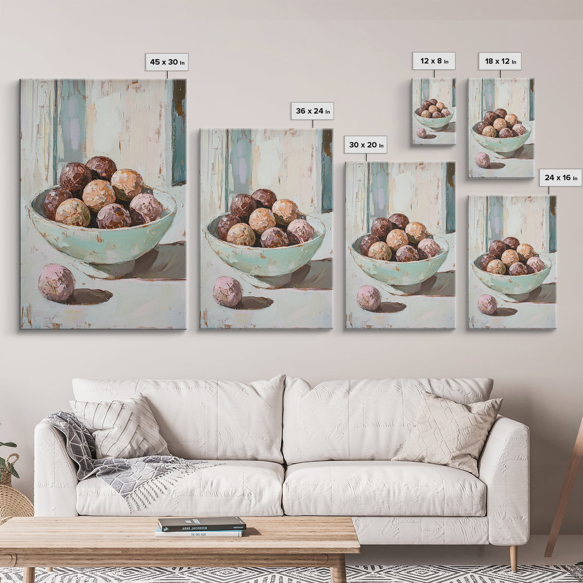 Pastel Bowl Of Chocolate Truffles Wall Art, Kitchen Decor, Food Still Life Painting, Whimsical Bakery Art Print Gift For Her
