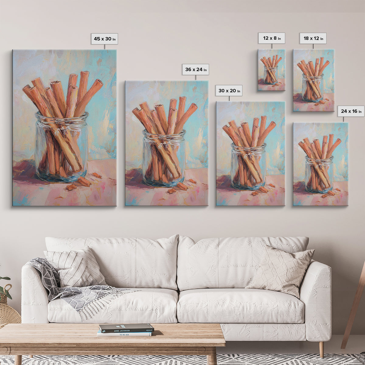 Cinnamon Sticks In Glass Jar Framed Canvas Print, Rustic Kitchen Wall Art, Spice Painting, Farmhouse Home Decor Gift Idea