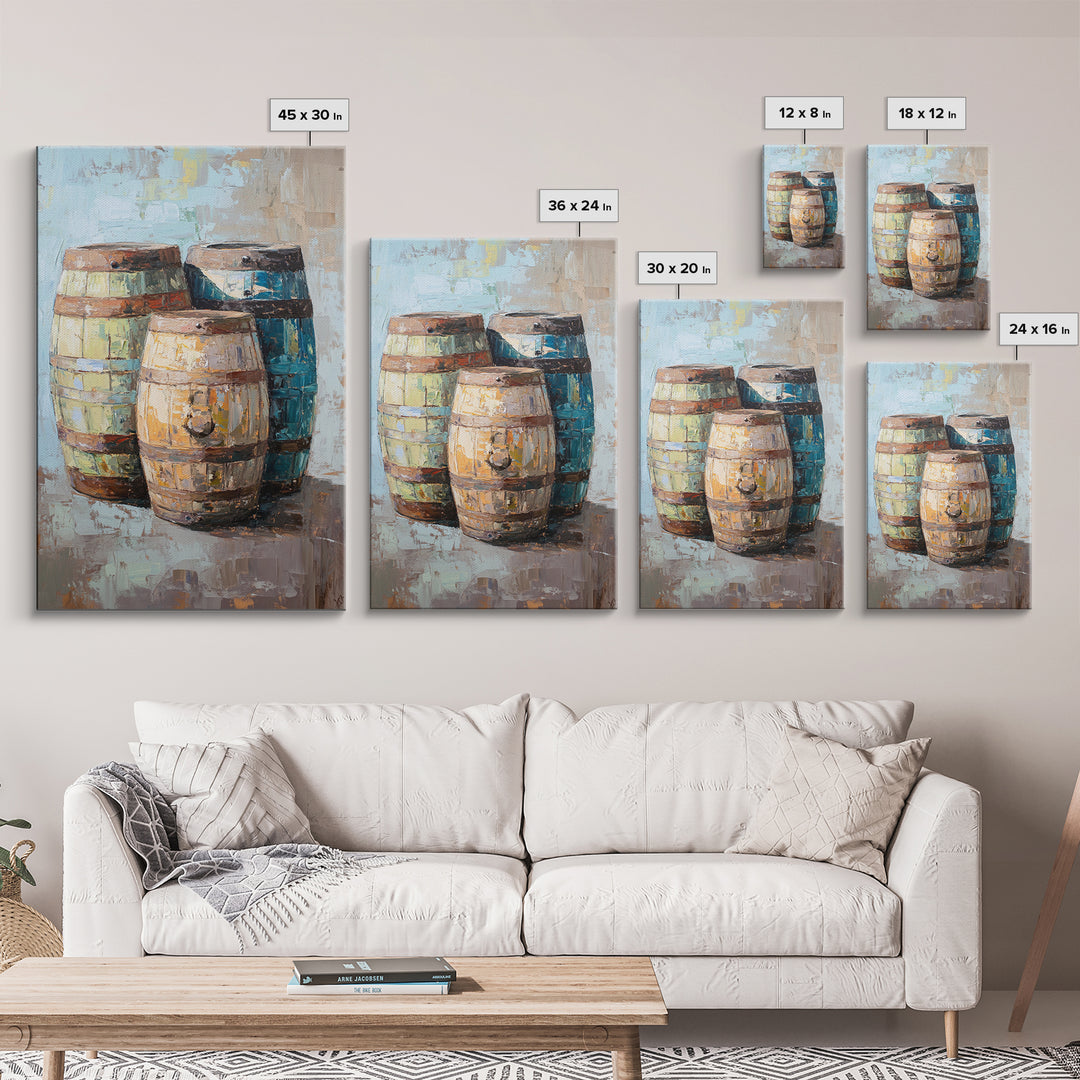Rustic Wine Barrels Still Life Framed Canvas Print, Winery Wall Art, Home Bar Decor, Farmhouse Kitchen Gift For Him Idea