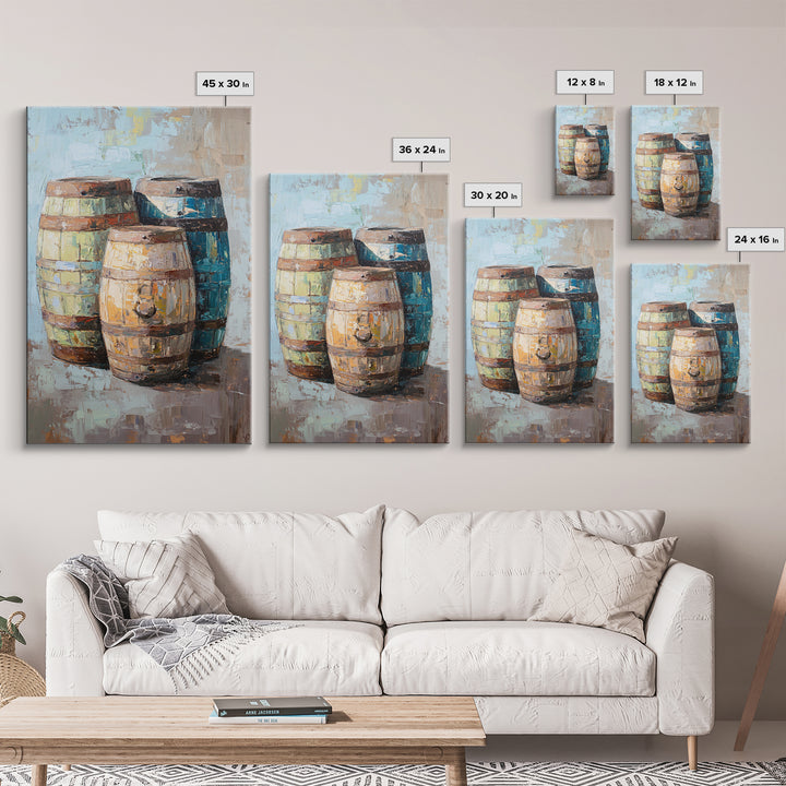 Rustic Wine Barrels Still Life Framed Canvas Print, Winery Wall Art, Home Bar Decor, Farmhouse Kitchen Gift For Him Idea