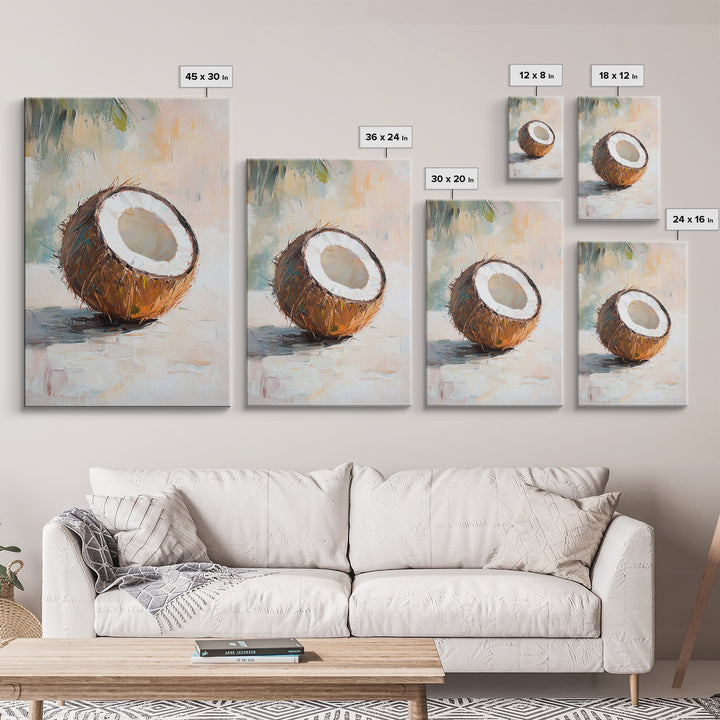 Split Coconut Still Life Canvas Print, Tropical Kitchen Wall Art, Coastal Home Decor, Food Art Print, Rustic Beach House Gift