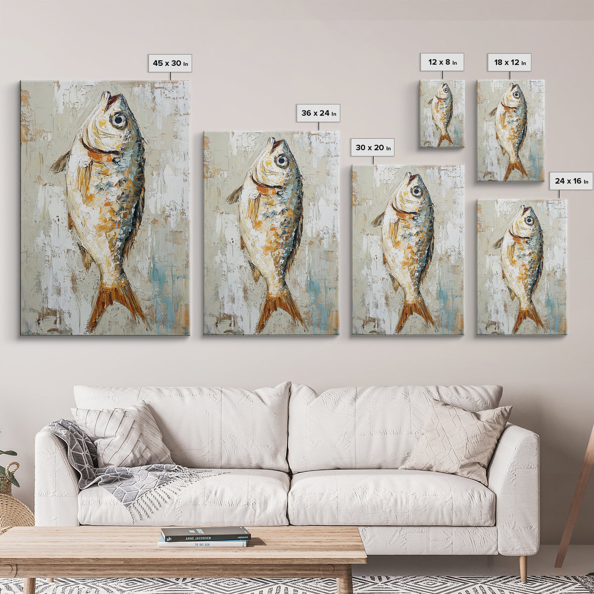 Silver Fish Impasto Canvas Print, Coastal Kitchen Wall Art, Nautical Seafood Decor, Ocean Animal Art Print, Beach House Gift