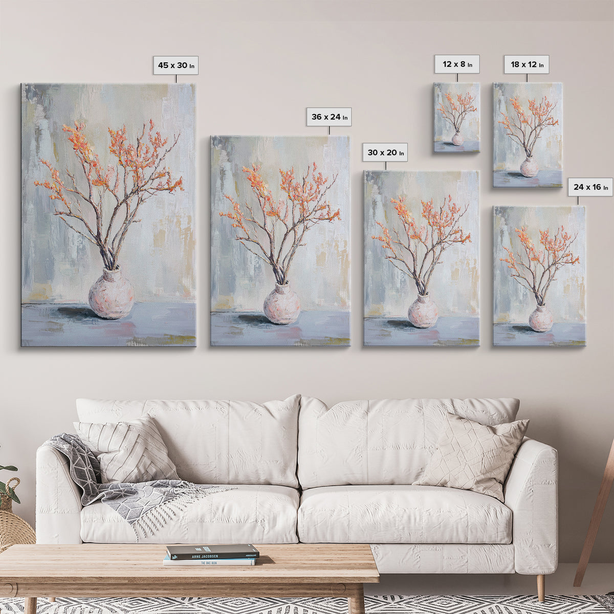 Orange Blossom Branches In Ceramic Vase Canvas Print, Minimalist Botanical Wall Art, Japandi Decor, Calm Neutral Home Gift
