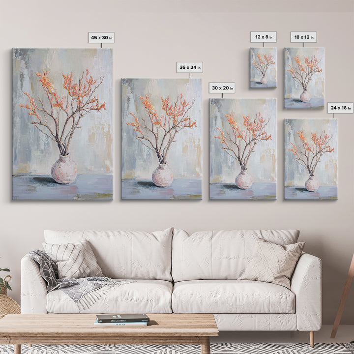 Orange Blossom Branches In Ceramic Vase Canvas Print, Minimalist Botanical Wall Art, Japandi Decor, Calm Neutral Home Gift