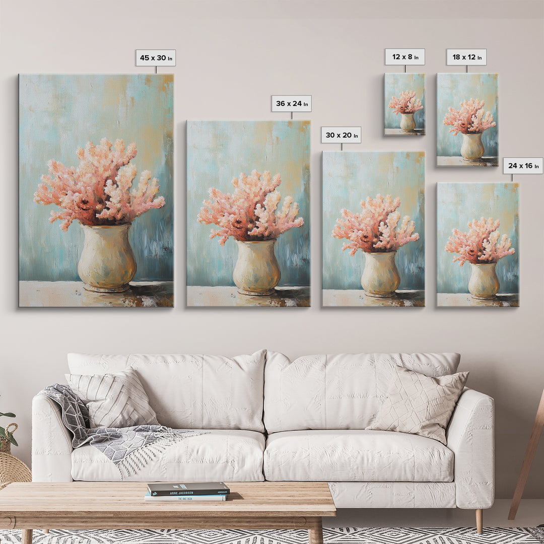 Pink Coral Still Life In Ceramic Vase, Framed Canvas Print, Coastal Wall Art, Beach House Decor, Soft Pastel Home Decor Gift