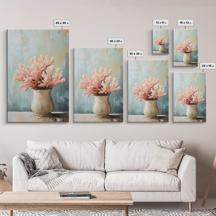 Pink Coral Still Life In Ceramic Vase, Framed Canvas Print, Coastal Wall Art, Beach House Decor, Soft Pastel Home Decor Gift