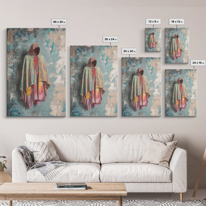 Hooded Pastel Figure In Flowing Robe, Wall Art, African Inspired Art, Cultural Wall Decor, Boho Neutral Home Decor Gift Idea