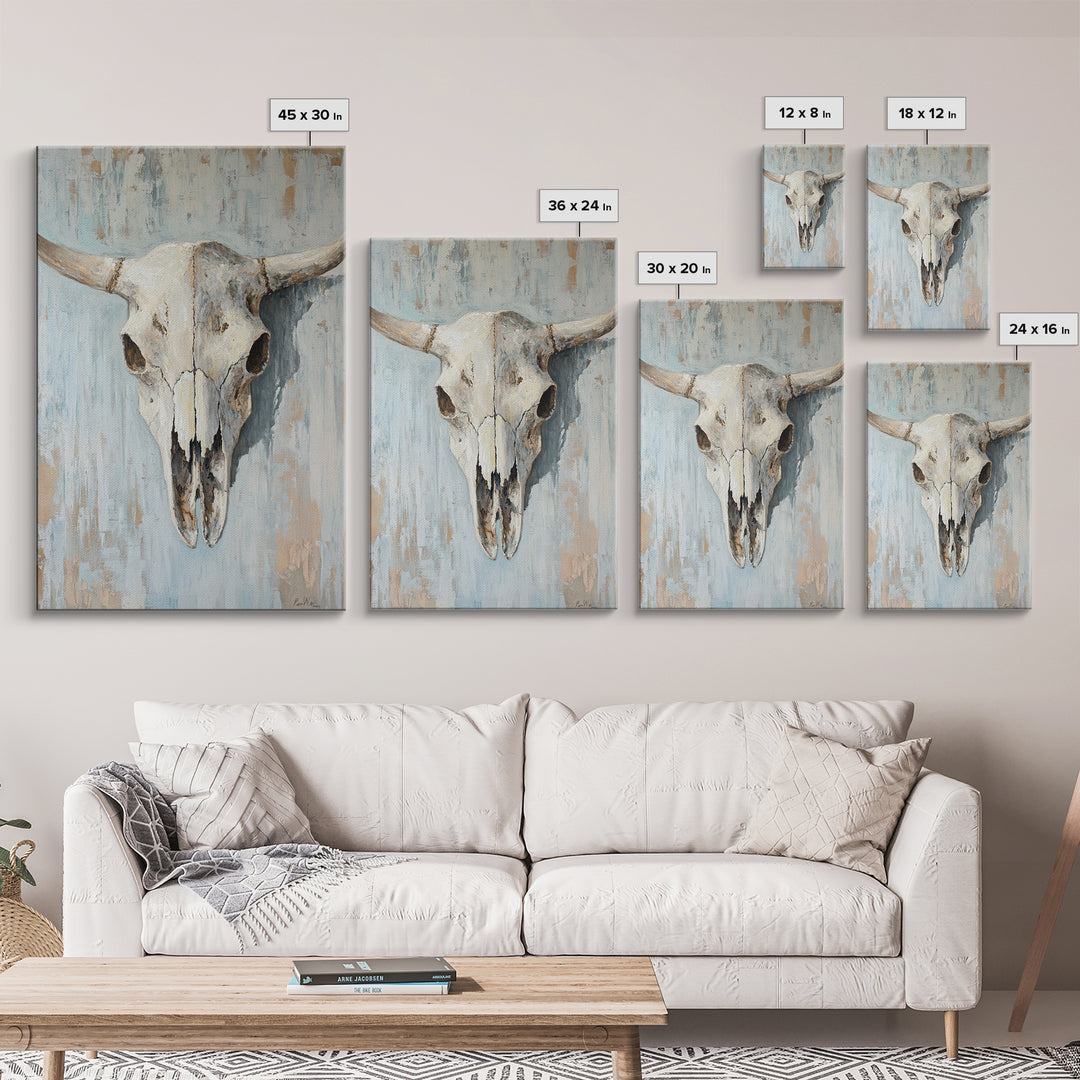 White Longhorn Skull On Blue Wood, Framed Canvas Print, Western Wall Art, Southwestern Decor, Rustic Farmhouse Gift For Him