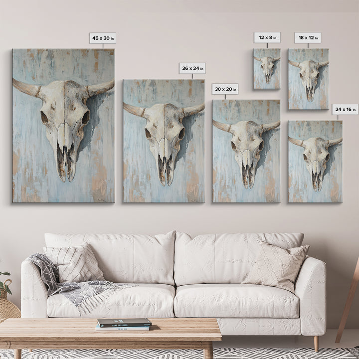 White Longhorn Skull On Blue Wood, Framed Canvas Print, Western Wall Art, Southwestern Decor, Rustic Farmhouse Gift For Him