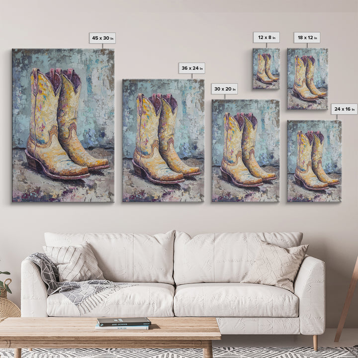 Yellow Cowboy Boots Oil Painting, Canvas Print, Western Wall Art, Cowgirl Decor, Rodeo Housewarming Gift, Rustic Home Decor