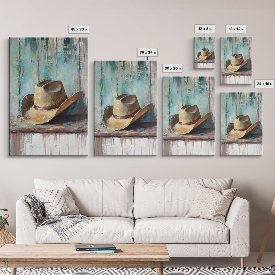 Worn Cowboy Hat On Weathered Shelf, Framed Canvas Print, Western Wall Art, Rustic Ranch Decor, Gift For Him, Man Cave Decor