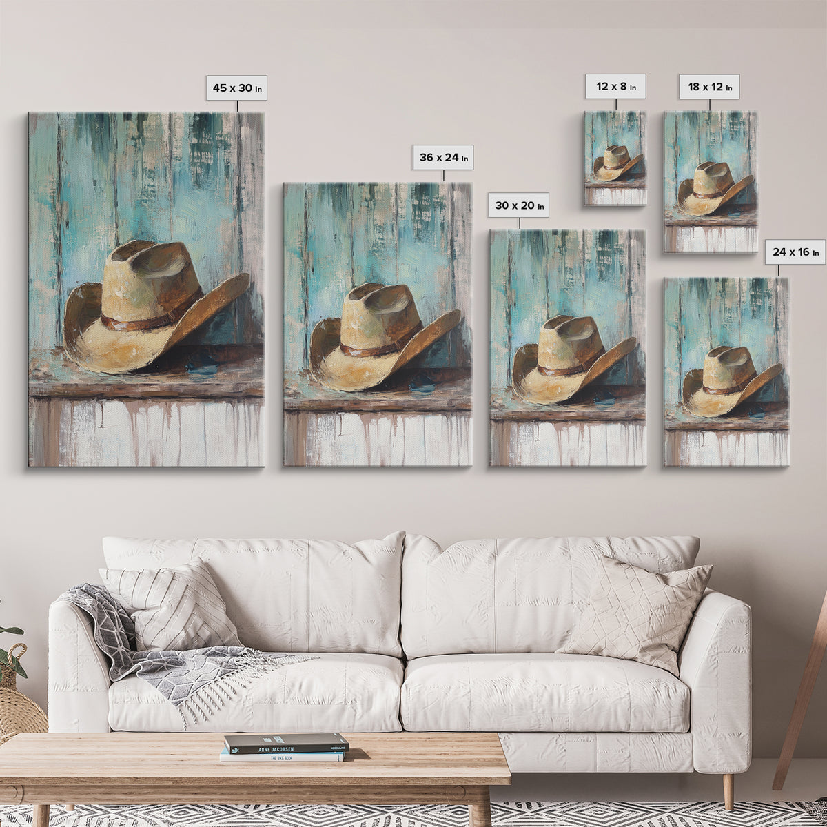 Worn Cowboy Hat On Weathered Shelf, Framed Canvas Print, Western Wall Art, Rustic Ranch Decor, Gift For Him, Man Cave Decor