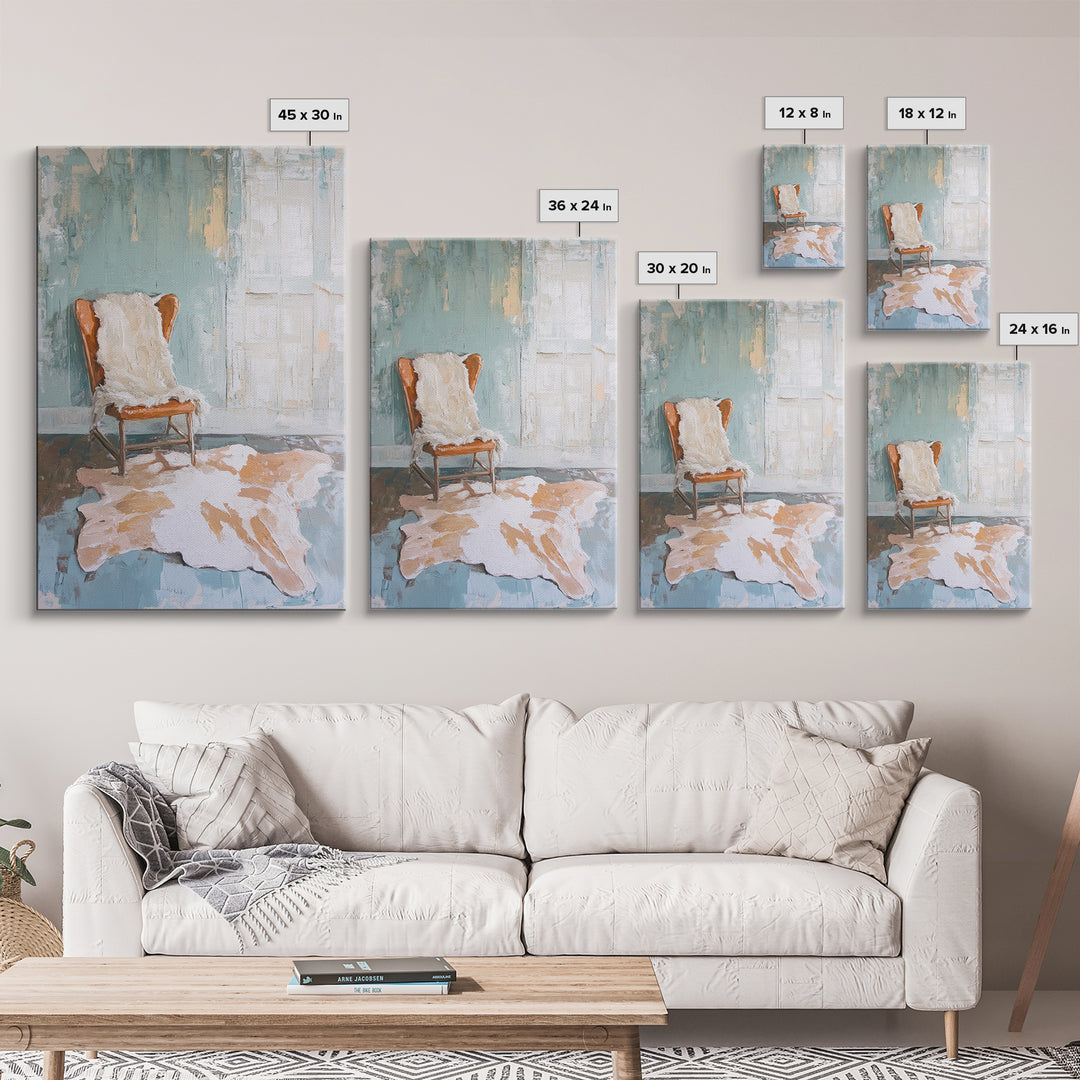 Leather Chair And Cowhide Rug Interior, Canvas Print, Rustic Wall Art, Western Home Decor, Neutral Living Room Wall Art Print