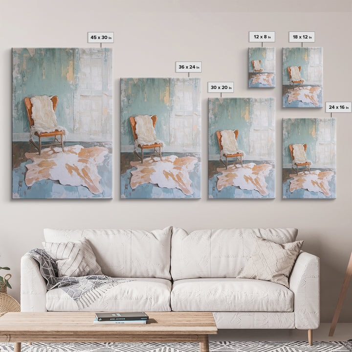 Leather Chair And Cowhide Rug Interior, Canvas Print, Rustic Wall Art, Western Home Decor, Neutral Living Room Wall Art Print