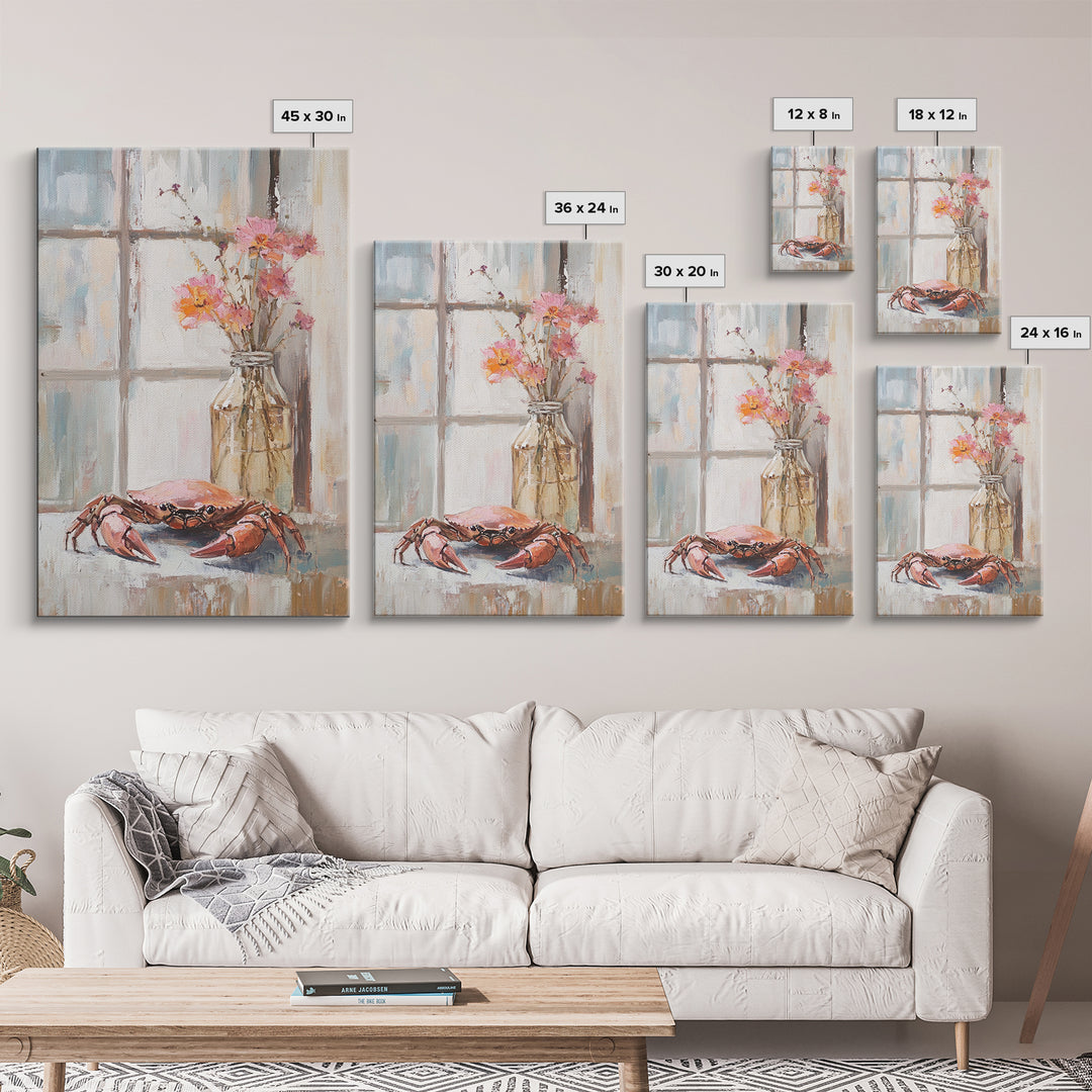 Blue Crab And Pink Flowers By Window, Framed Canvas Print, Coastal Kitchen Wall Art, Beach House Decor, Seafood Wall Art