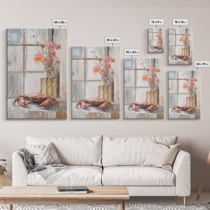 Blue Crab And Pink Flowers By Window, Framed Canvas Print, Coastal Kitchen Wall Art, Beach House Decor, Seafood Wall Art