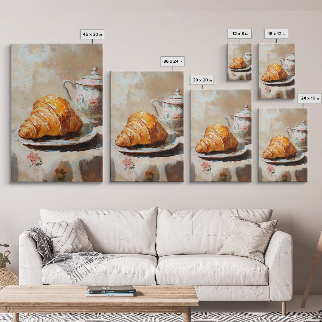 Golden Croissant And Floral Teapot Framed Canvas Print, French Bakery Wall Art, Kitchen Decor, Cafe Art Print, Foodie Gift