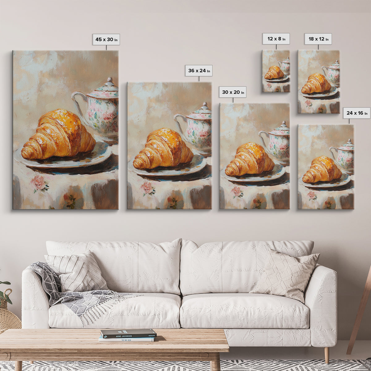 Golden Croissant And Floral Teapot Framed Canvas Print, French Bakery Wall Art, Kitchen Decor, Cafe Art Print, Foodie Gift
