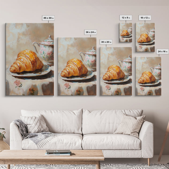 Golden Croissant And Floral Teapot Framed Canvas Print, French Bakery Wall Art, Kitchen Decor, Cafe Art Print, Foodie Gift