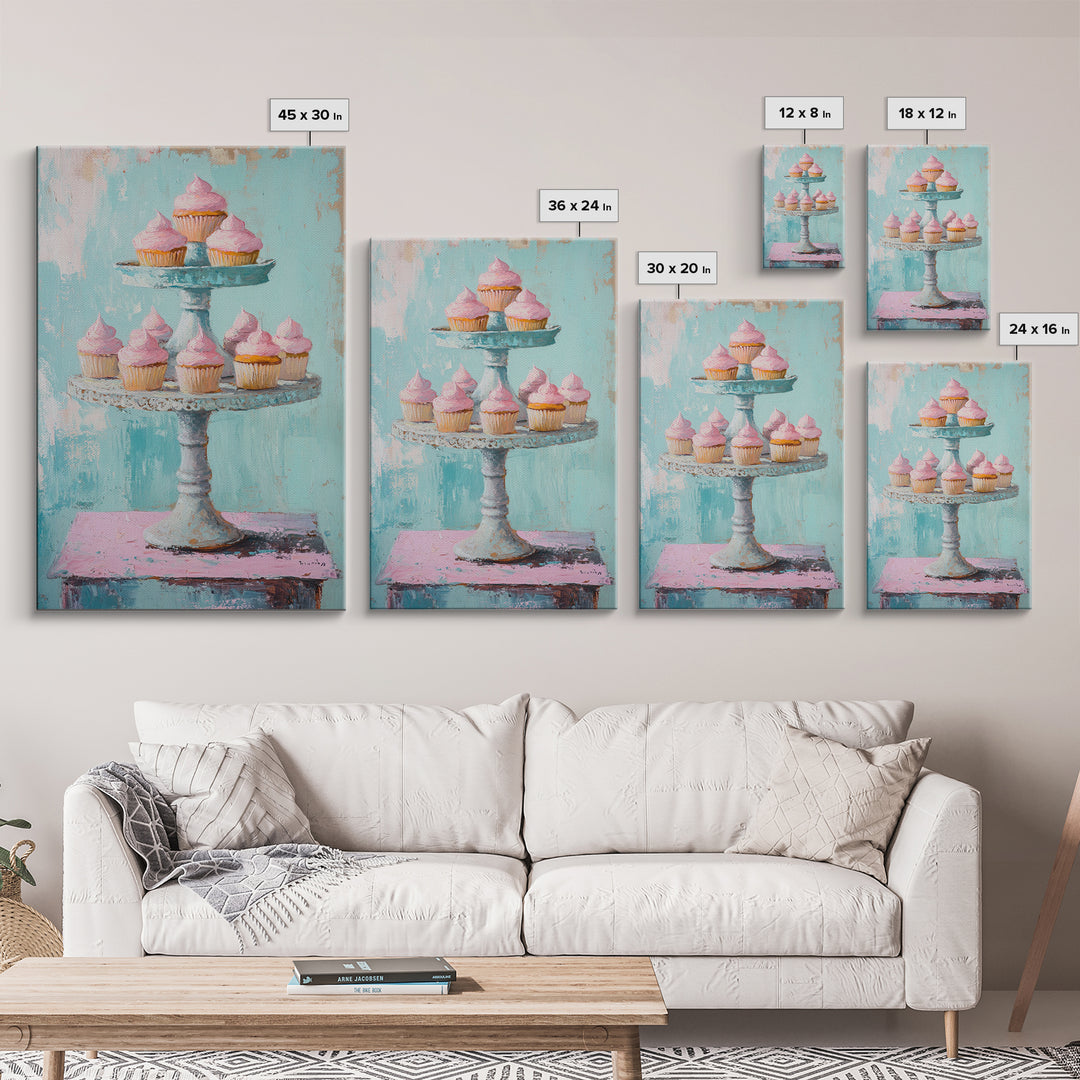 Pink Cupcakes On Tiered Stand Canvas Print, Cute Bakery Wall Art, Girls Room Decor, Dessert Art, Kitchen Decor Gift, Home Decor