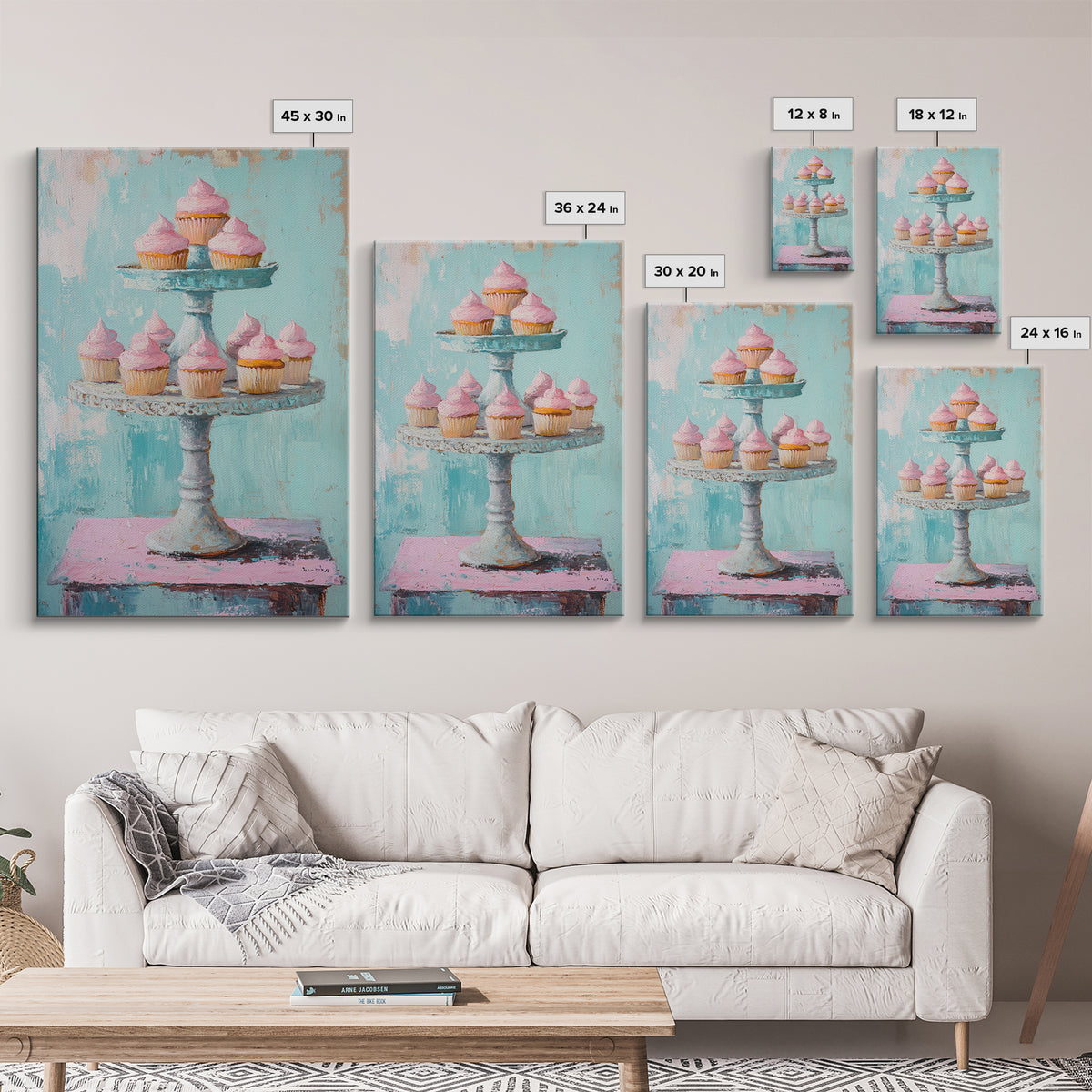 Pink Cupcakes On Tiered Stand Canvas Print, Cute Bakery Wall Art, Girls Room Decor, Dessert Art, Kitchen Decor Gift, Home Decor