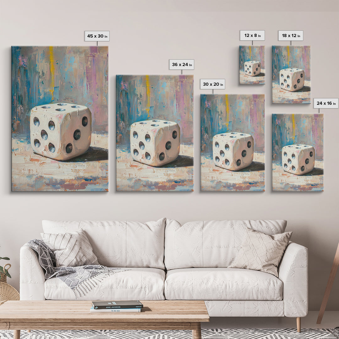 White Dice Still Life Canvas Print, Game Room Wall Art, Casino Wall Art, Man Cave Decor, Poker Decor, Gift For Him, Home Bar Decor