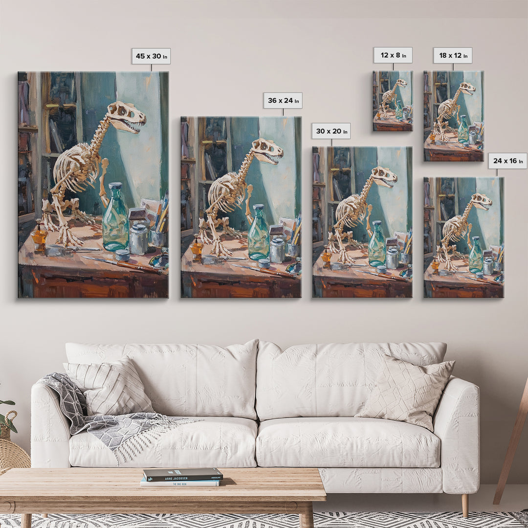 Dinosaur Skeleton On Artist Desk Canvas Print, Curiosity Cabinet Wall Art, Science Decor, Kids Room Decor, Unique Gift For Kids