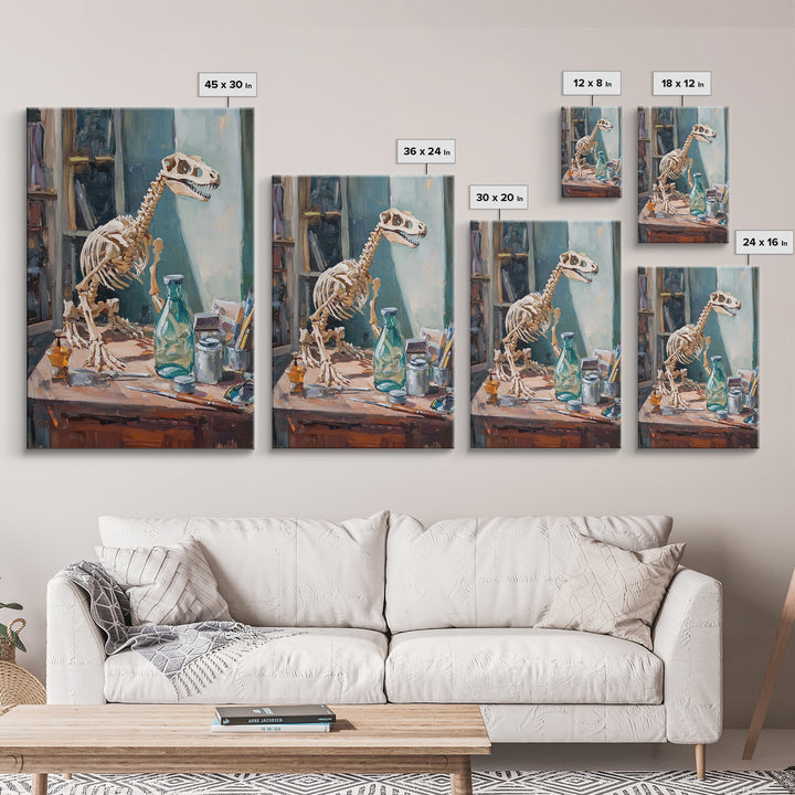 Dinosaur Skeleton On Artist Desk Canvas Print, Curiosity Cabinet Wall Art, Science Decor, Kids Room Decor, Unique Gift For Kids