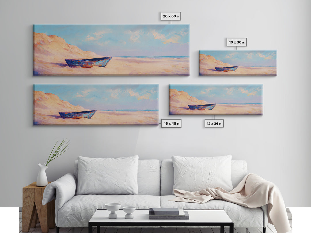 Blue Boat On Sandy Beach Wall Art, Coastal Landscape Painting, Ocean Wall Decor, Beach House Decor, Nautical Print, Summer Home Decor
