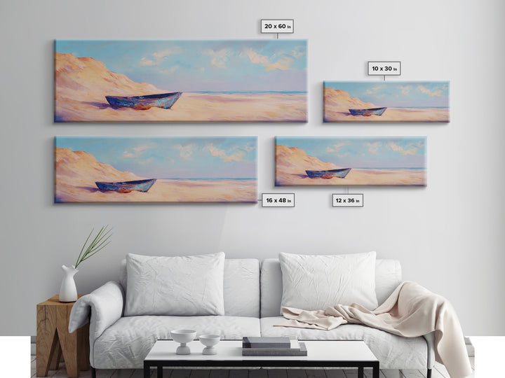 Blue Boat On Sandy Beach Wall Art, Coastal Landscape Painting, Ocean Wall Decor, Beach House Decor, Nautical Print, Summer Home Decor