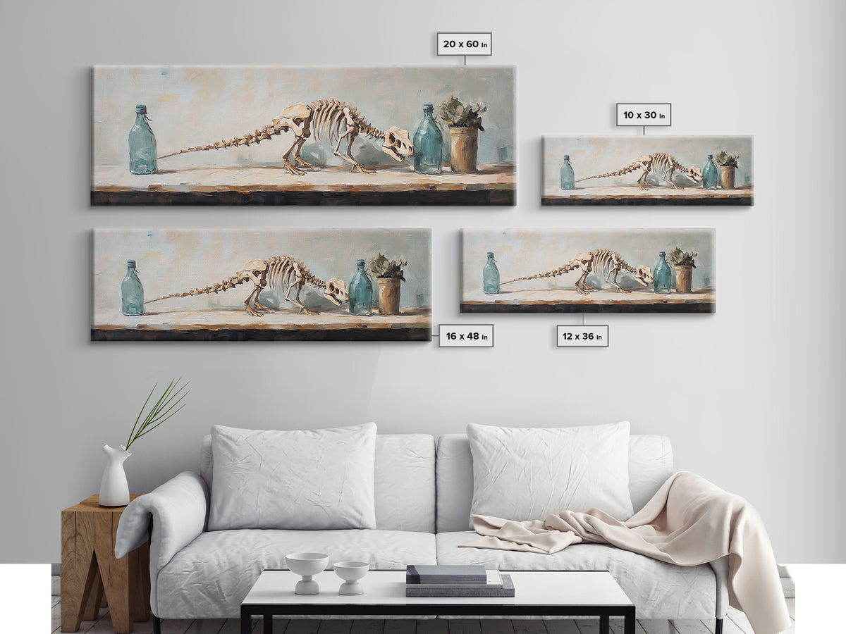 Dinosaur Skeleton Still Life Canvas Print, Quirky Science Wall Art, Oddities Decor, Curiosity Cabinet, Office Decor, Gift For Him