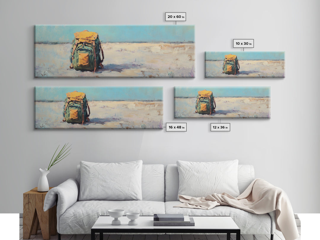 Lonely Backpack On Beach Canvas Print, Minimalist Coastal Landscape Art, Travel Wall Decor, Adventure Gift For Him, Office Decor