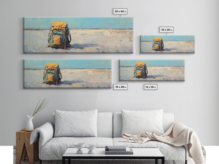 Lonely Backpack On Beach Canvas Print, Minimalist Coastal Landscape Art, Travel Wall Decor, Adventure Gift For Him, Office Decor