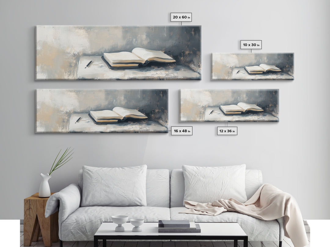 Open Book And Pen Wall Art, Minimalist Literary Canvas Print, Neutral Office Decor, Library Reading Nook Gift For Her, Home Decor
