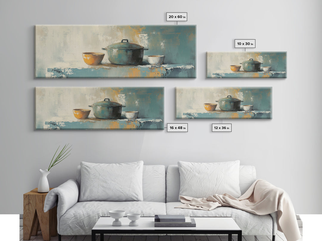Blue Pot And Bowls Kitchen Wall Art, Rustic Farmhouse Decor, Modern Still Life Canvas Print, Cozy Dining Room Decor, Home Decor