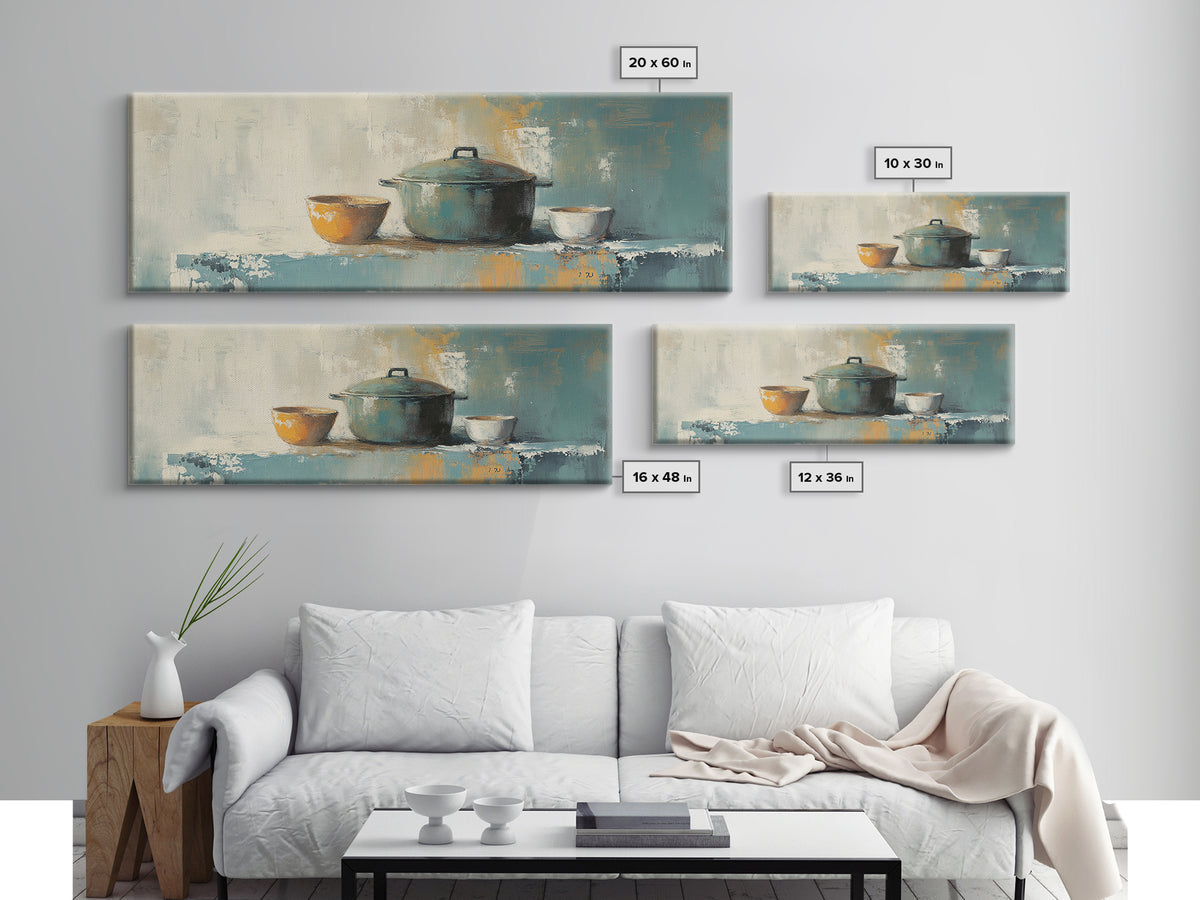 Blue Pot And Bowls Kitchen Wall Art, Rustic Farmhouse Decor, Modern Still Life Canvas Print, Cozy Dining Room Decor, Home Decor